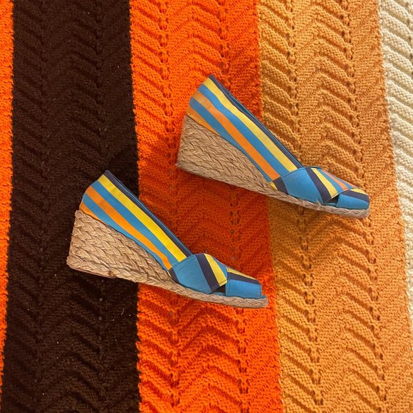 1970s style Y2K ralph lauren striped peep toe wedges! - Picture 3 of 14